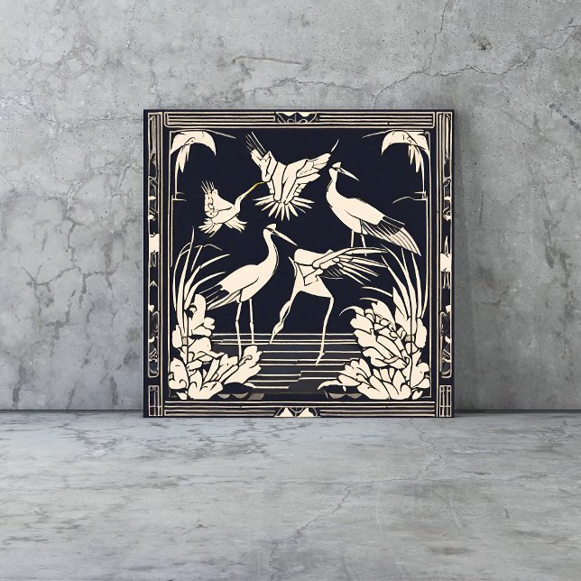 Fåglar Cranes Black and White Art Deco Nouveau Kakelplatta (birds tiles are a vintage Art Deco style with cranes in black and cream geometric style)