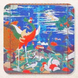 Fåglar, djur och Blommar Plants (Lämnat) Jakuchū Underlägg Papper Kvadrat