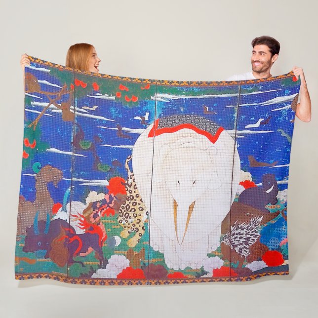 Fåglar, djur och Blommar växter(Höger)Jakuchu Fleecefilt (På plats)