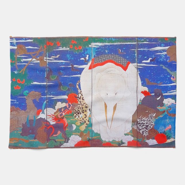 Fåglar, djur och Blommar växter(Höger)Jakuchu Kökshandduk (Horisontell)