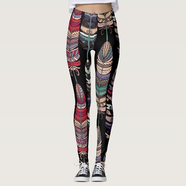 Fåglar Feathers Tribal Art Seamless Leggings (Framsida)