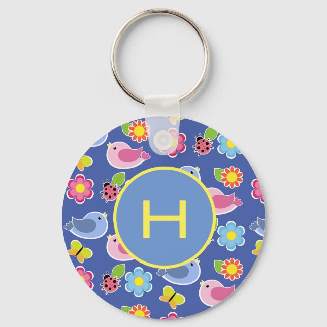 Fåglar, fjärilar och Ladybugs Blommor Nyckelring (Framsida)