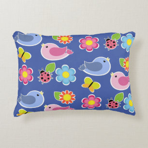 Fåglar, fjärilar och ladybugs Blomsterträdgård Blu Prydnadskudde