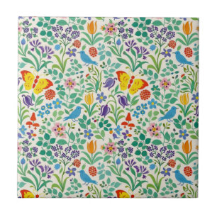 Fåglar, fjärilar & vilda blommor mönster kakelplatta