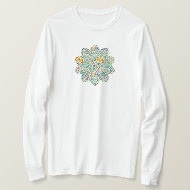 Fåglar, fjärilar & vilda blommor mönster t shirt (Design framsida)