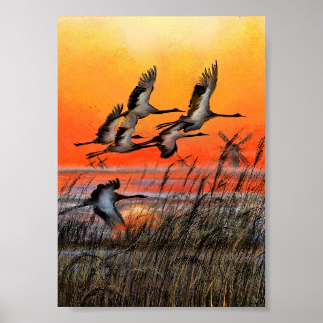 Fåglar Flygande Solnedgång Poster Print - Målning  (Framsidan)