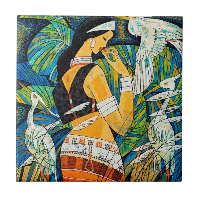 Fåglar för dam för solnedgångglödHao Ping Kakelplatta (Framsidan)