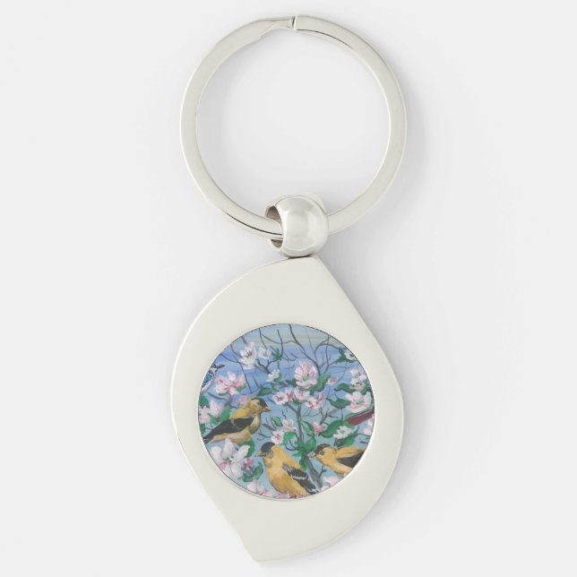 Fåglar gul fink blommar  swirl silverfärgad nyckelring (Framsidan)