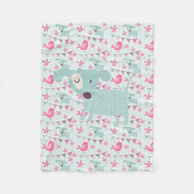 Fåglar, Hundar, banderoller, blommor Fleecefilt (Framsidan)