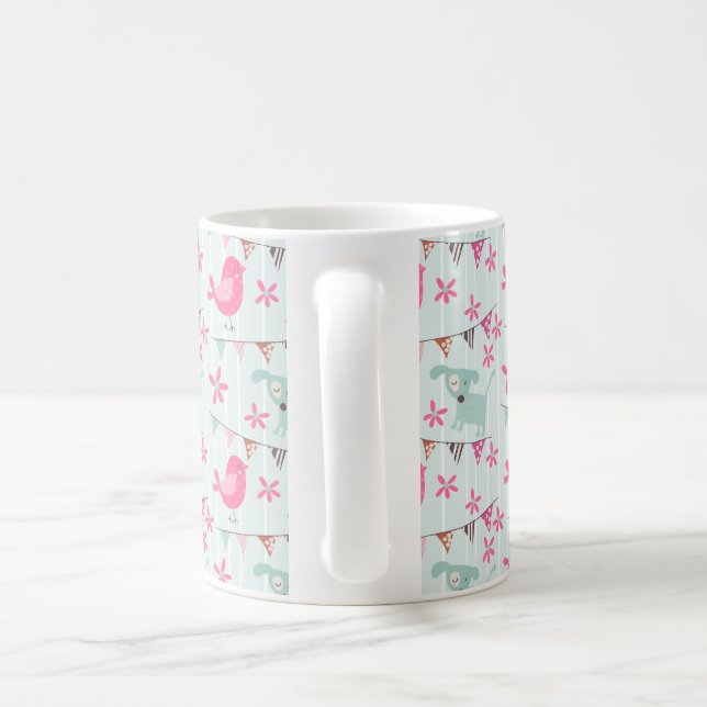 Fåglar, Hundar, banderoller, blommor Kaffemugg (Handtag)