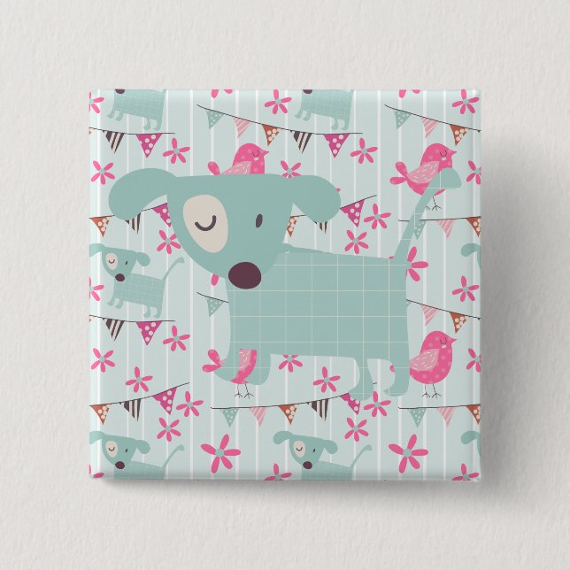 Fåglar, Hundar, banderoller, blommor Knapp (Framsida)