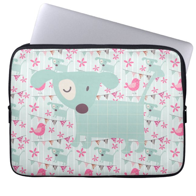Fåglar, Hundar, banderoller, blommor Laptop Fodral (Framsidan)