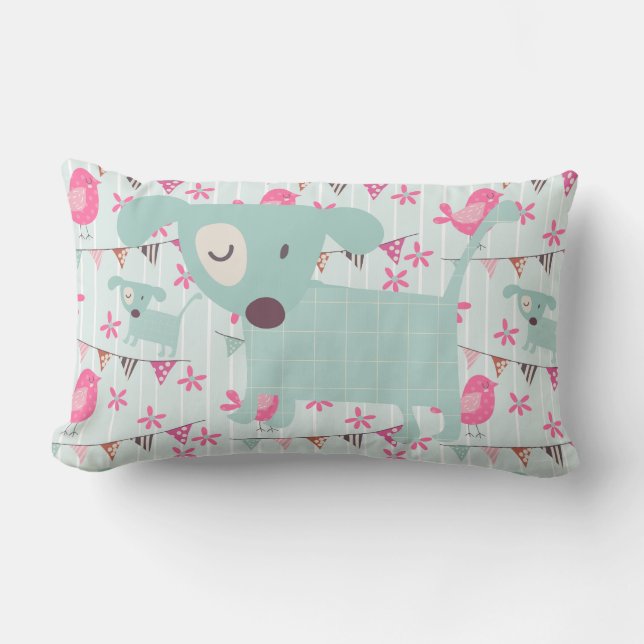 Fåglar, Hundar, banderoller, blommor Lumbarkudde (Framsida)