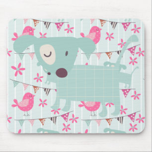 Fåglar, Hundar, banderoller, blommor Musmatta