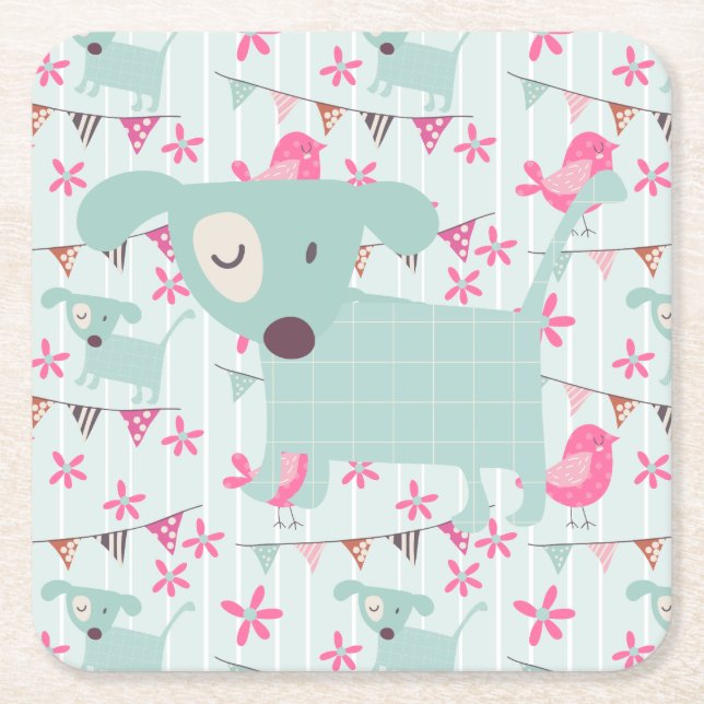 Fåglar, Hundar, banderoller, blommor Underlägg Papper Kvadrat (Framsidan)