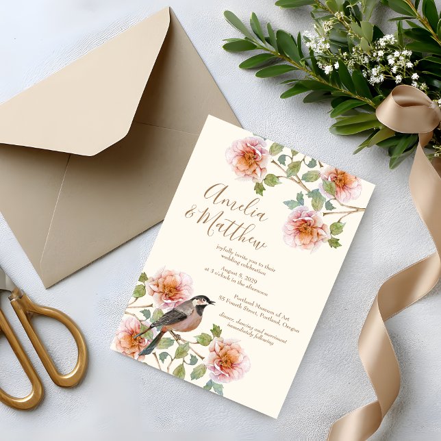 Fåglar i blommor bröllopsinbjudan inbjudningar (Skapare uppladdad)