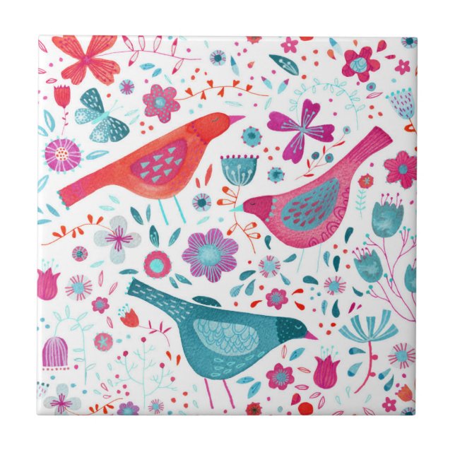 Fåglar i en Garden Folk Boho Watercolor Kakelplatta (Framsidan)