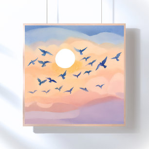 Fåglar i Flykt Solnedgång Natur Akvarell Poster