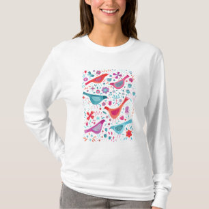 Fåglar i Garden Söt Watercolor Boho T Shirt