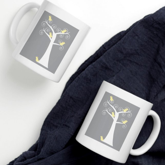 Fåglar i Grått-bakgrunden i Gulten Träd Kaffemugg (A cute design of yellow birds on a gray background on a mug from Valerie's Gallery on Zazzle.)