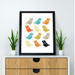 Fåglar i mitten av århundradet Modern Colorful Ret Poster<br><div class="desc">Den här fantastiska medelårhundradets moderna väggkonst har flera ljusa fåglar,  i färg,  turkos,  orange,  grädde,  grönt,  tan och svart. Det här blir ett färgstarkt tillägg till din hemdekoration!</div>