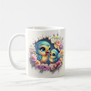 Fåglar i mors dag som uppstår genom en krackad mur kaffemugg