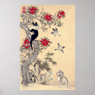 Fåglar, katt och Hund, Itō Jakuchū Poster