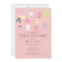 Fåglar & Kläder på en wire Baby Shower-inbjudninga