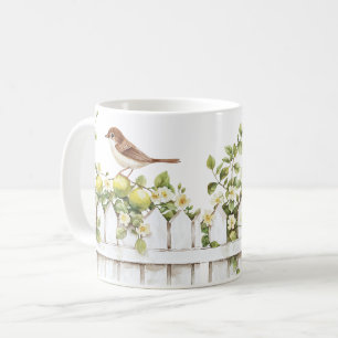 Fåglar Lime Vit Staket Blommig Kaffemugg