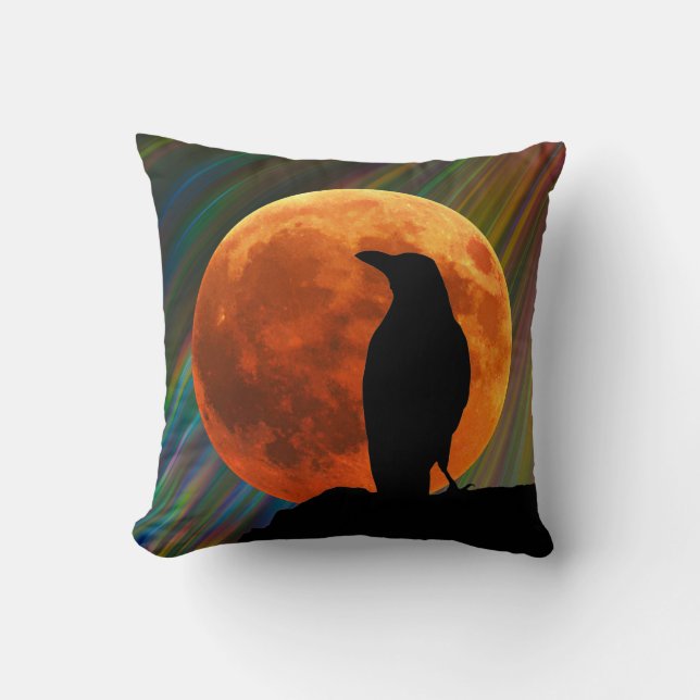 Fåglar - Måne och Black Raven Halloween Kudde (Framsida)