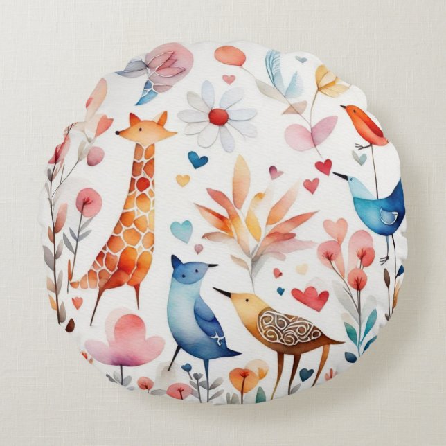 Fåglar med akut färg blommor Rund Pillow Rund Kudde (Framsidan)