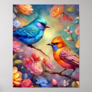Fåglar med färg på Gren Rosa ros Blue Bird 99 Poster