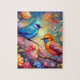 Fåglar med färg på Gren Rosa ros Blue Bird 99 Pussel