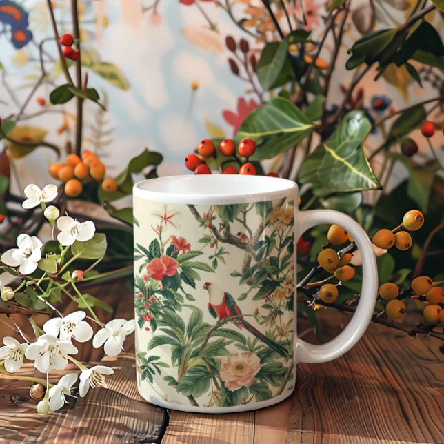 Fåglar med färgstarka tropiska blommor kaffemugg (Skapare uppladdad)
