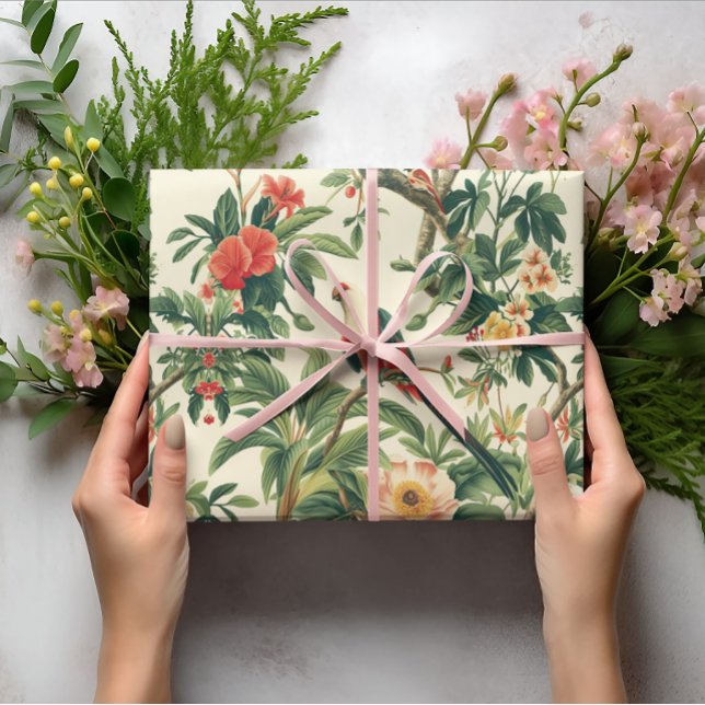 Fåglar med färgstarka tropiska blommor presentpapper (Skapare uppladdad)