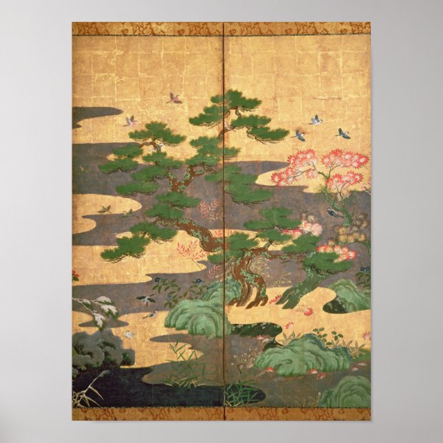 Fåglar med höst- och vinterblommor poster (Framsidan)