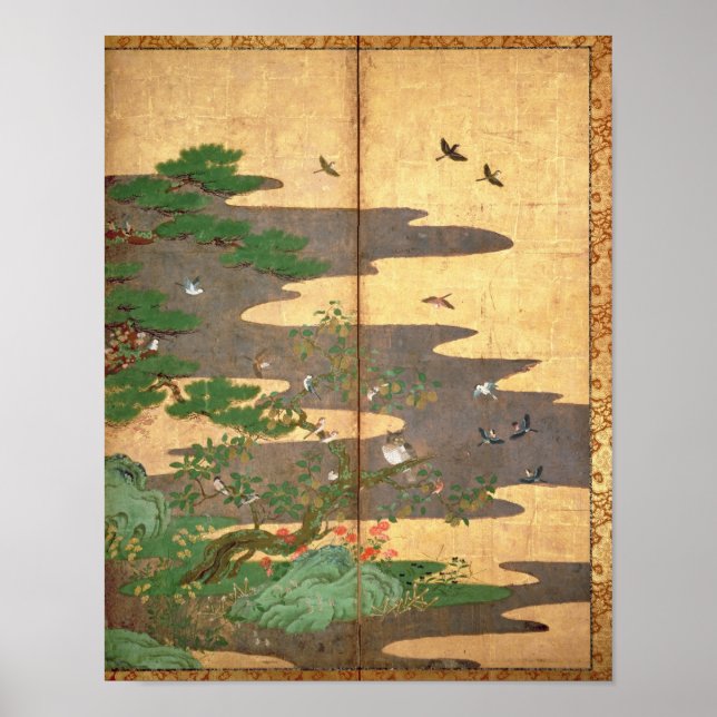 Fåglar med höst- och vinterblommor poster (Framsidan)