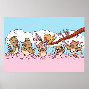 Fåglar med rosa sakura-blommor poster