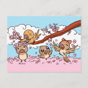 Fåglar med rosa sakura-blommor vykort