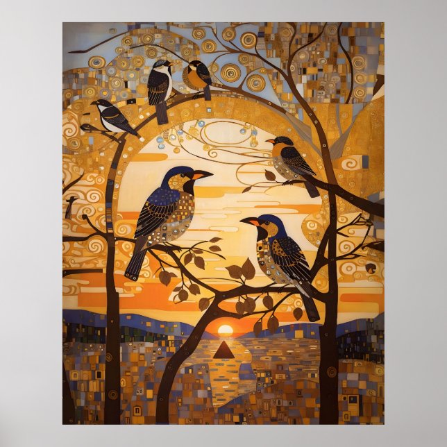 Fåglar med vacker Abstrakt vid soluppgång Poster (Framsidan)