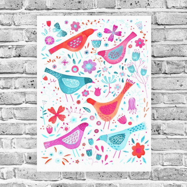 Fåglar med vattenfärg i en Garden of Flowers Paint Canvastryck (Watercolor birds and flowers art canvas print)