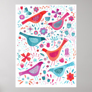 Fåglar med vattenfärg i en Garden of Flowers Paint Poster