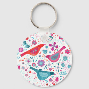Fåglar med vattenfärg och blommor Färgfärg Nyckelring