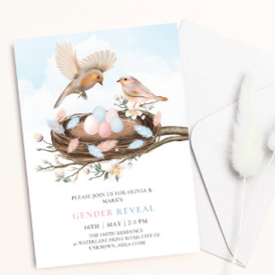 Fåglar Nest Vår Påsk Blommigt Baby Gender Reveal Inbjudningar