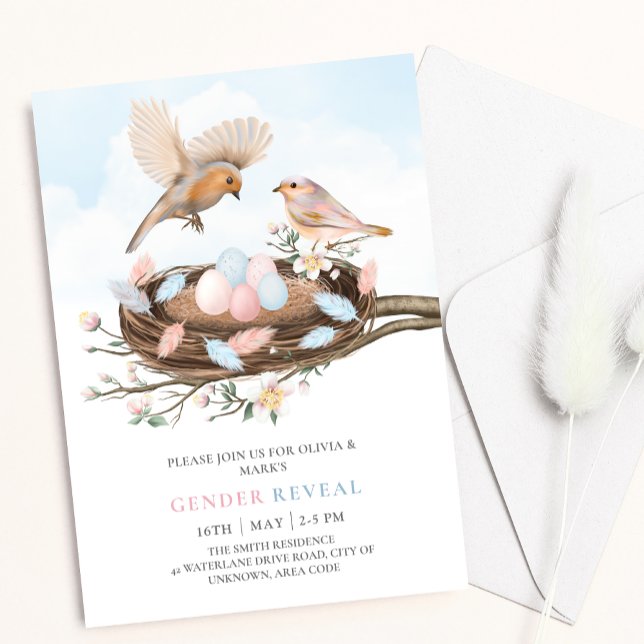 Fåglar Nest Vår Påsk Blommigt Baby Gender Reveal Inbjudningar (Skapare uppladdad)