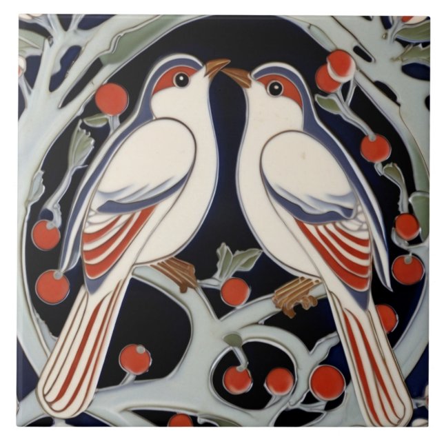 Fåglar och bär Art nouveau Red Bird Art Deco Kakelplatta (Framsidan)