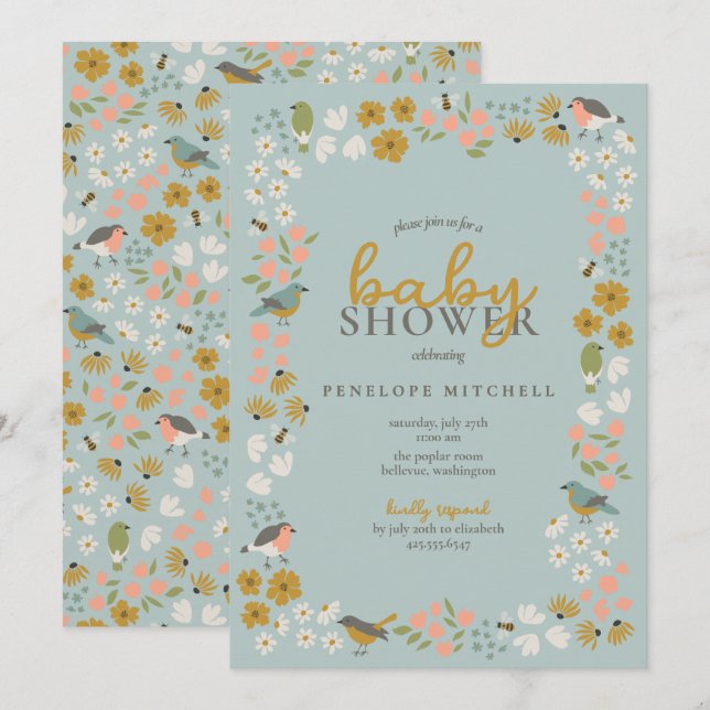 Fåglar och Bin Blommig Baby Shower  Inbjudningar (Fram/baksida)