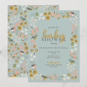 Fåglar och Bin Blommig Baby Shower  Inbjudningar