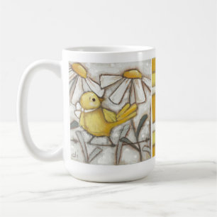 Fåglar och blom - gul fågel och randar kaffemugg