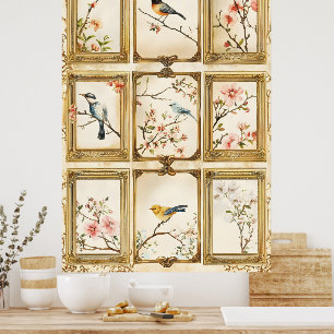 Fåglar och blommande grenar (körsbär eller persika poster